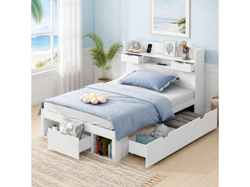  Lit simple multi 90x190 cm, rangement, charge, lit enfant tiroirs, en mdf, coloris blanc, sommier, tête de lit, sans matelas  - Conforama B