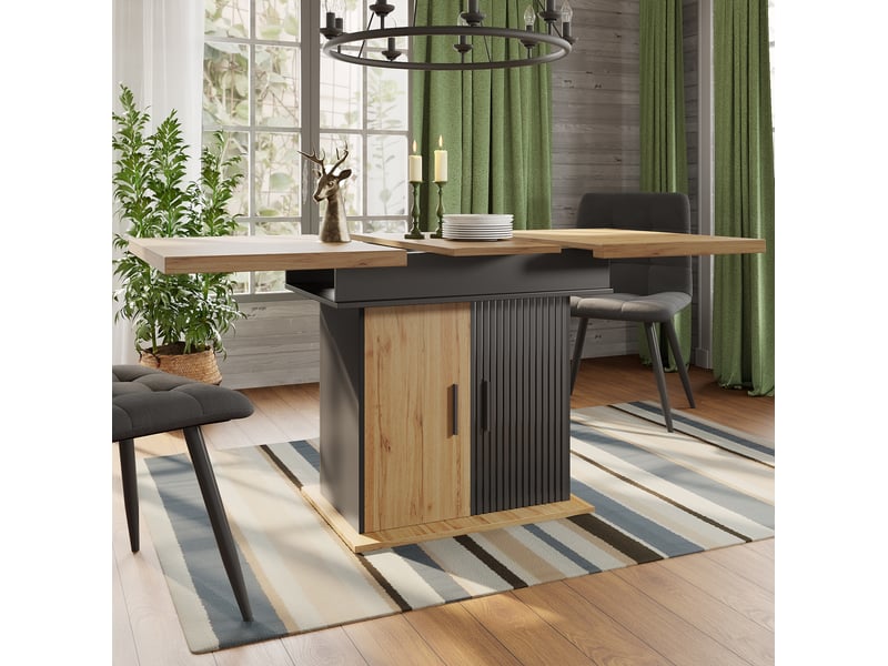  Table à manger extensible 110-140 x 80 cm avec rangement, noir et naturel  - Conforama B