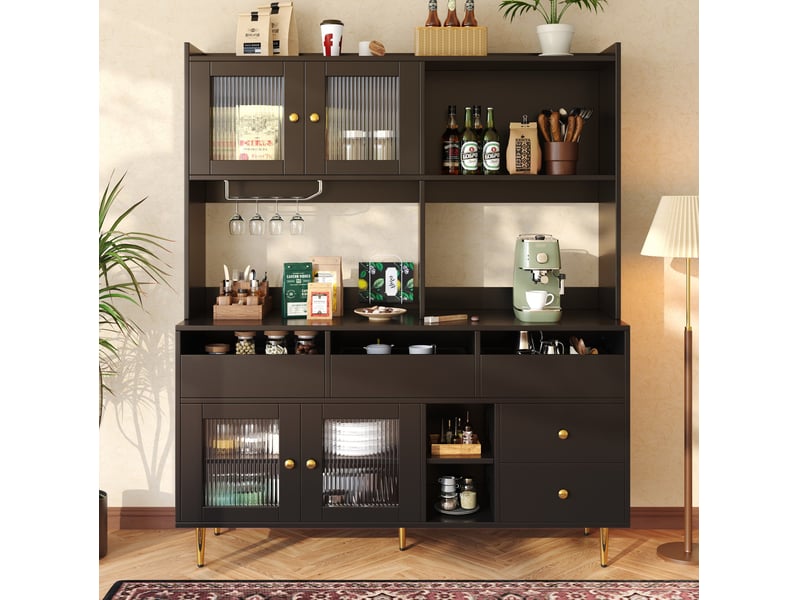  Buffet haut 145 x 39 x 171 cm en mdf, portes en verre strié, noir et doré  - Conforama E