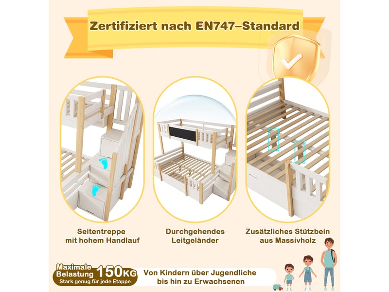  Lit superposé 3 places 90x200 et 140x200 en bois massif blanc et naturel avec escalier de rangement  - Conforama D