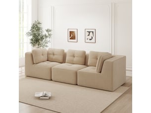 Canapé d'angle modulable 3 places en velours côtelé beige, sans montage, assise profonde, design sans cadre