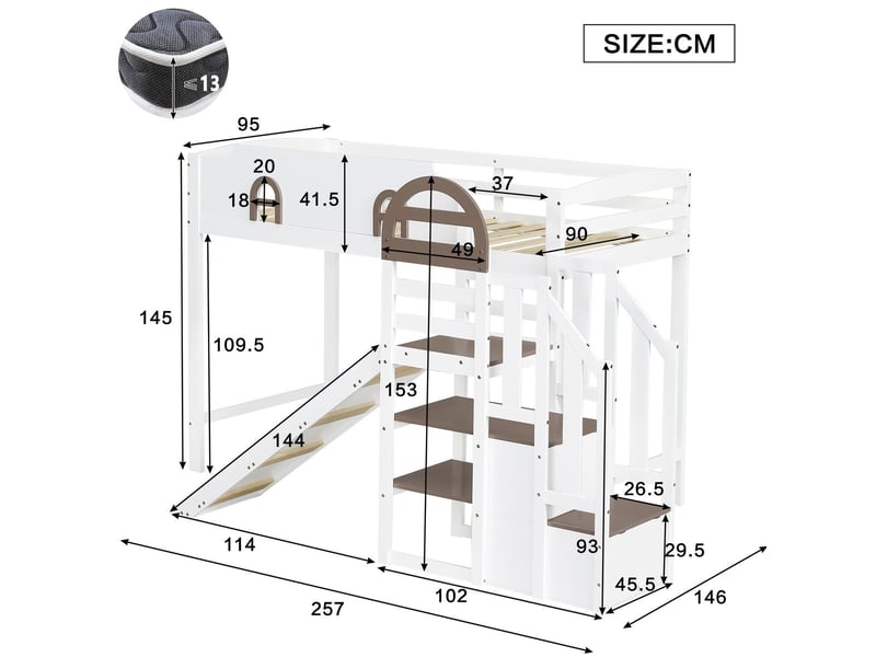  Lit mezzanine 90x200 cm avec toboggan et escalier - lit enfant - armoires de rangement, fenêtres, pin massif, blanc et brun  - Conforama C