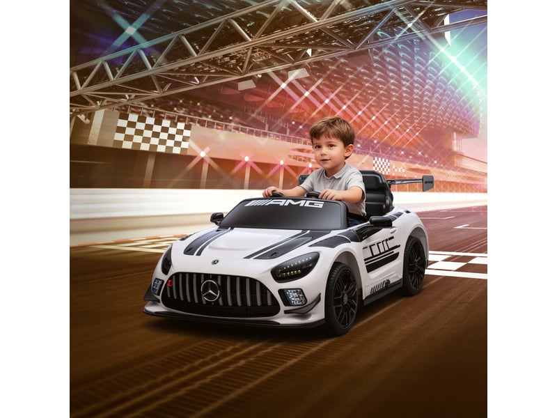  Voiture électrique mercedes-amg 12v pour enfants de 3 à 8 ans avec télécommande, phares led et roues de transport, blanche.  - Conforama C