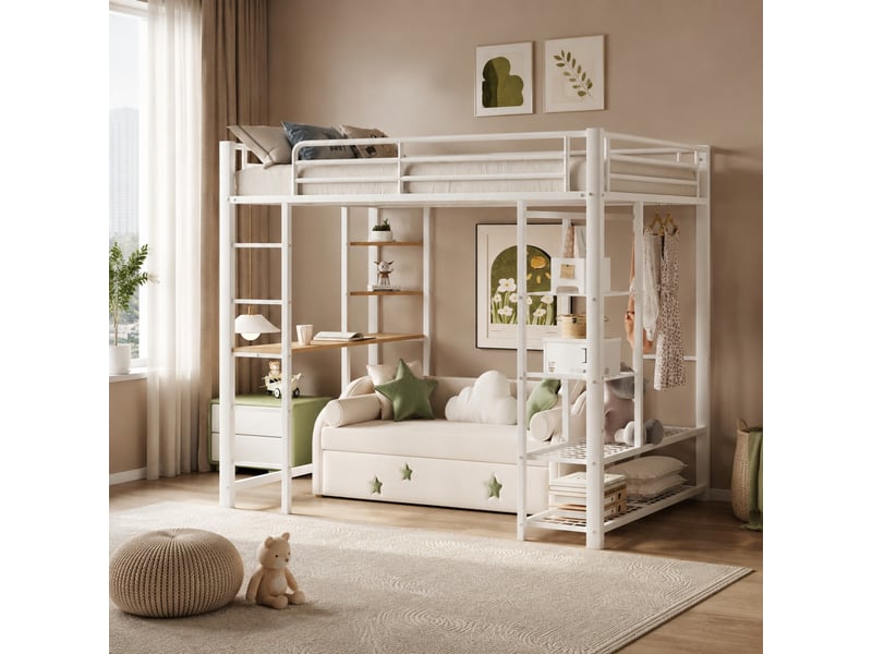  Lit mezzanine enfant 90x200 cm avec échelle, bureau, rangements et penderie blanc  - Conforama B