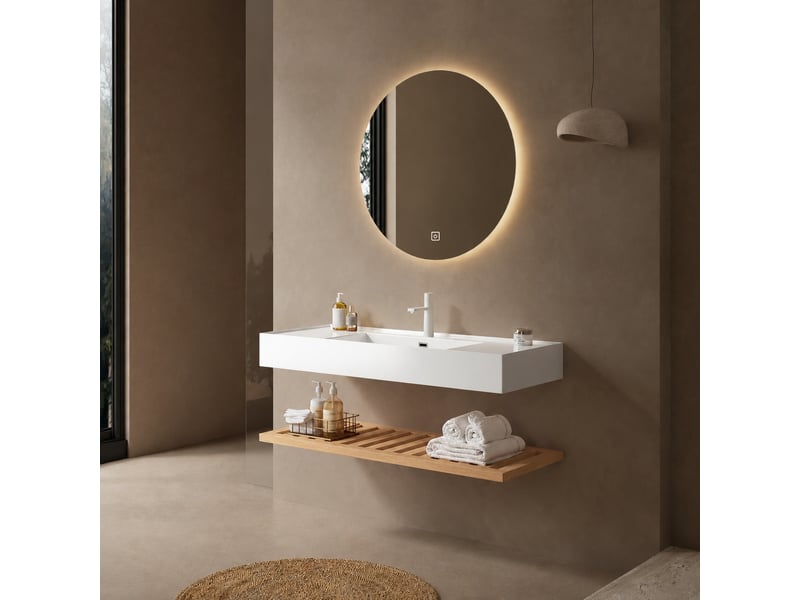  Meuble vasque suspendu 120 cm avec vasque intégrée en résine blanche et étagère en bois  - Conforama B