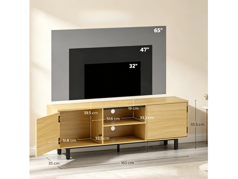  Meuble tv 160 cm pour écran jusqu’à 65 pouces, 2 portes et 2 niches, naturel noir  - Conforama C