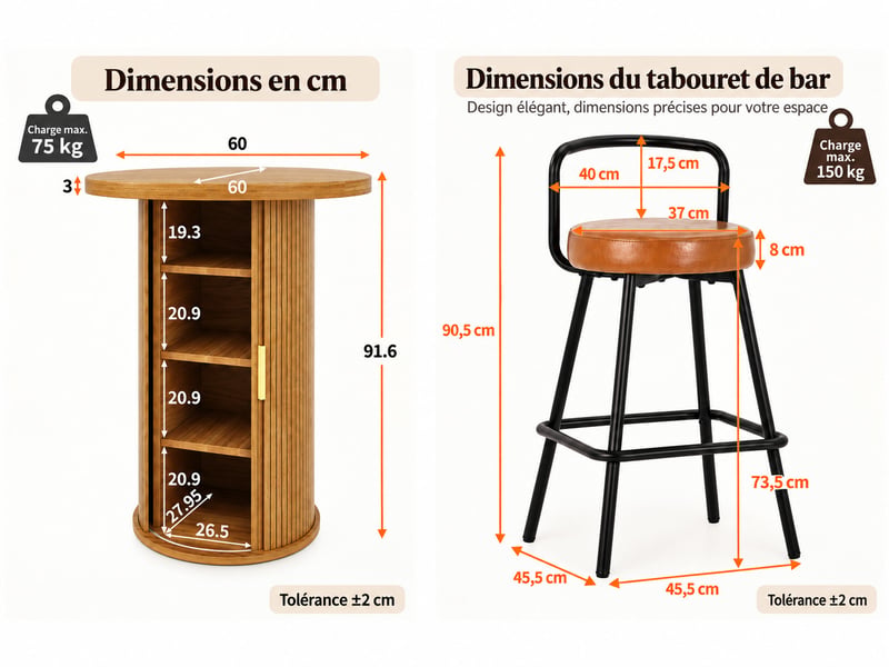  Ensemble bar table ronde avec 2 tabourets, rangement intégré, style moderne en mdf effet bois  - Conforama C