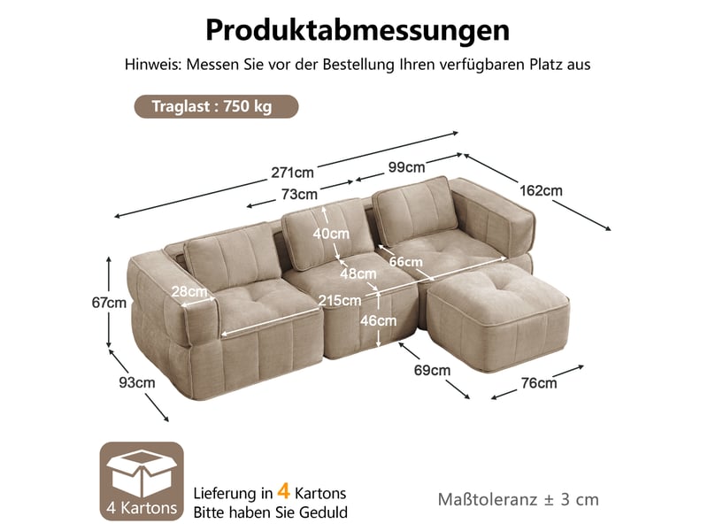  Canapé modulable, canapé 3 places, en tissu, avec pouf, pour salon, mobilier pour espace de vie, adapté à l'espace de vie  - Conforama E