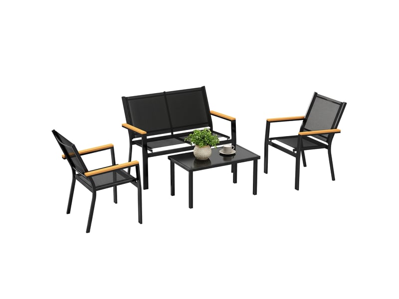  Salon de jardin extérieur 4 pcs avec canapé 2 pl. 2 chaises et table basse en verre trempé, noir  - Conforama B