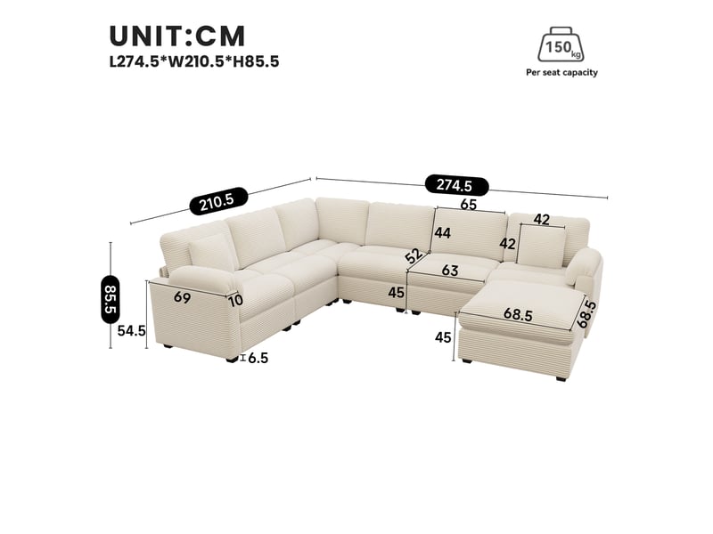  Canapé d’angle modulable 7 places 274,5x210,5x85,5 cm avec pouf et coussins, grand canapé salon en velours côtelé beige OPULERANE TRADING LTD - Conforama C