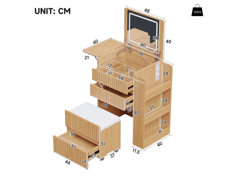  Petite coiffeuse avec miroir rabattable led, 2 prises, port usb &amp; type-c, tabouret à roulettes, 3 tiroirs et plateau de table d'appoint rabattable, N657P45525354N - Conforama A
