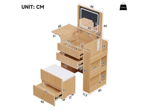 Petite coiffeuse avec miroir rabattable led, 2 prises, port usb & type-c, tabouret à roulettes, 3 tiroirs et plateau de table d'appoint rabattable,