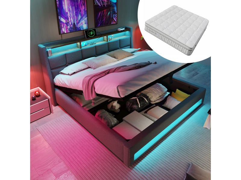  Lit double rembourré 140x200cm avec tête de lit, led, usb, coffre et structure solide, gris, avec matelas  - Conforama D