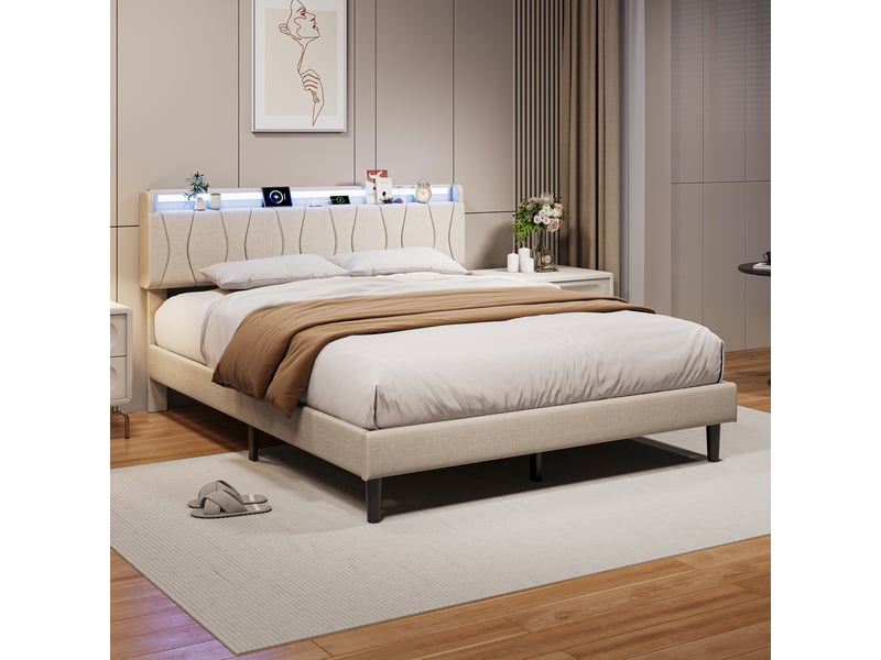  Structure de lit double 140x200 cm avec sommier à lattes, prises usb et type-c, éclairage led au niveau de la tête de lit avec rangement, lit rembourré en lin sur pieds hauts, lit 2 personnes fonctionnel pour chambre à coucher m…  - Conforama C