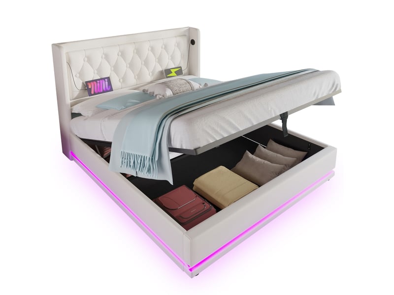  Lit coffre 180 × 200 cm 2 places avec led réglable, usb et type-c, tête de lit rembourrée, sans matelas, en pu blanc  - Conforama A