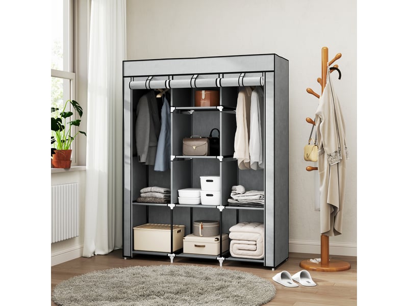  Armoire penderie multi-rangement - 8 étagères, 2 barres - non tissé gris clair  - Conforama C