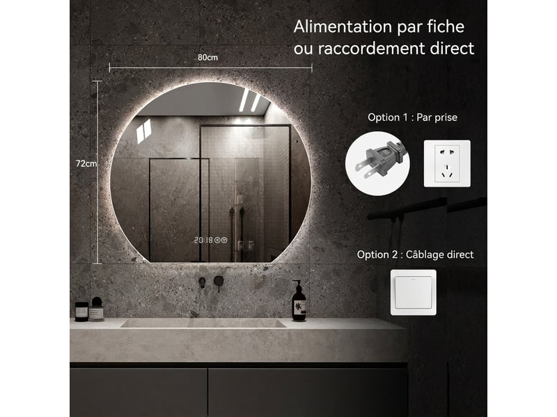  Miroir de salle de bain led rond 80 cm, affichage intelligent et anti-buée  - Conforama E