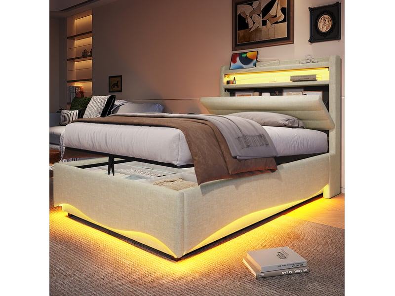  Lit coffre 90x200 cm en lin beige avec led, usb et port type-c, tête de lit avec rangement  - Conforama B
