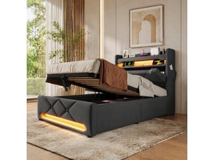 Lit coffre 90 × 200 cm avec led 360°, usb et type-c, rangement hydraulique, avec matelas, gris