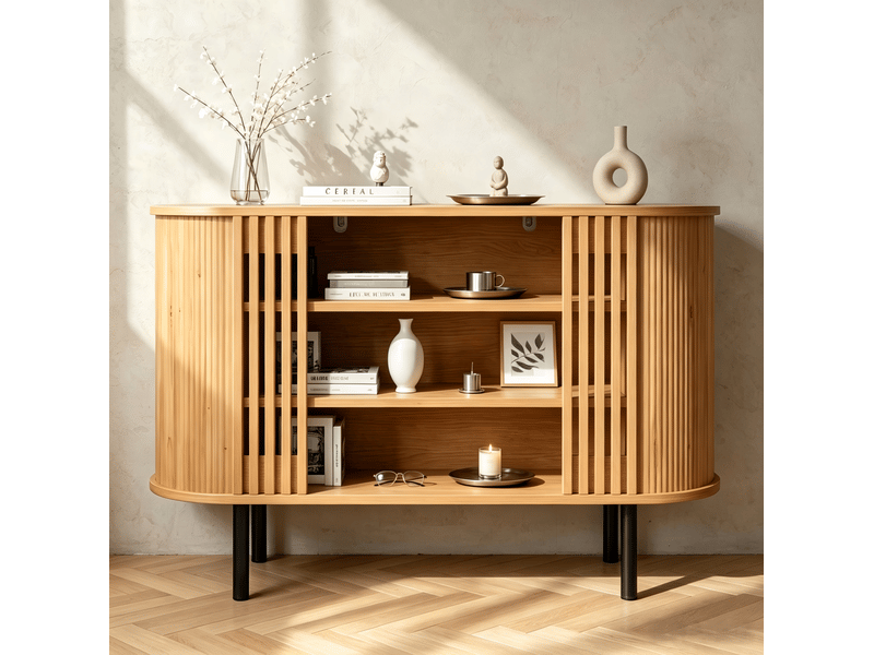 Buffet bas 120x40x80 cm effet bois naturel avec 3 niches ouvertes - Conforama E