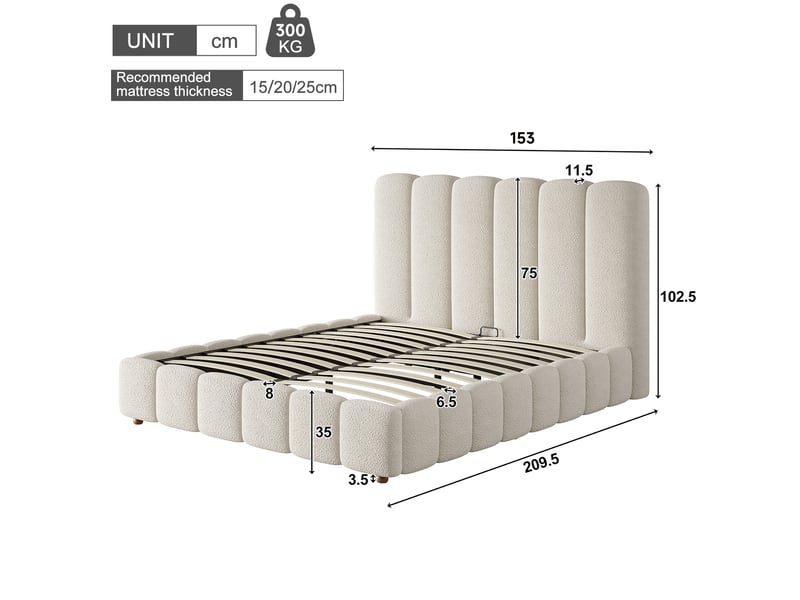 Lit coffre 140x190 cm en bouclé avec sommier et tête de lit blanc chicfurn - Conforama D