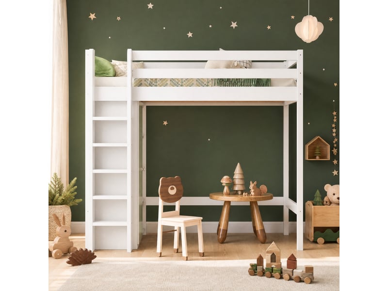  Lit mezzanine enfant 90 x 200 cm blanc avec armoire et 6 étagères  - Conforama D