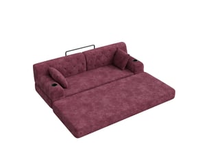 Canapé-lit 3 places 208x80x81 cm – rouge vin – dossier haut, 4 poches latérales et 2 porte-gobelets