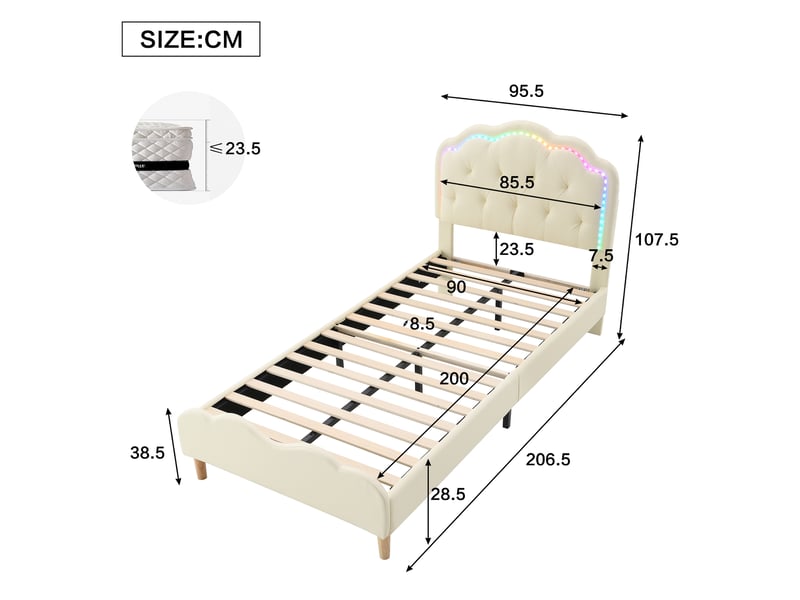  Lit enfant 90 × 200 cm 1 place avec led multicolore et tête de lit ondulée, sans matelas, en pu beige  - Conforama D