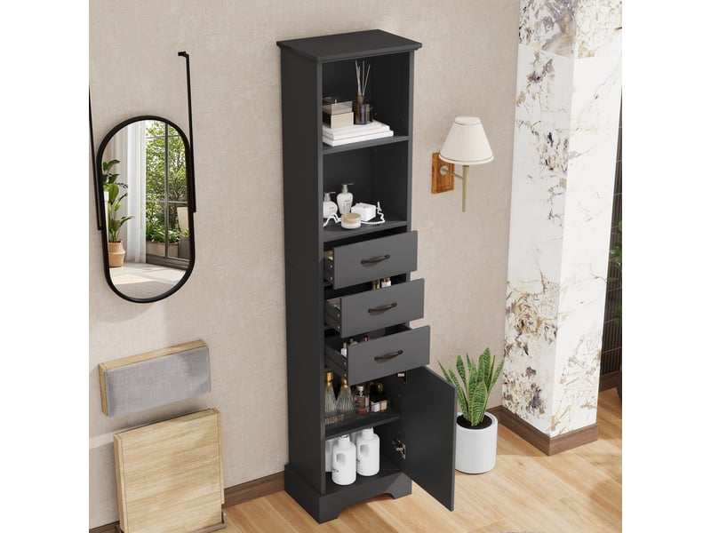  Armoire de salle de bain haute, 38 x 26 x 172,5 cm, 3 tiroirs, étagères ouvertes, portes et étagères réglables, noire  - Conforama C