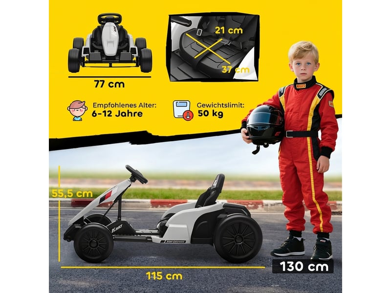  Kart électrique 24 v pour enfants, jusqu'à 18 kmh, avec fonction drift, équipé de 2 moteurs, siège réglable, blanc  - Conforama E