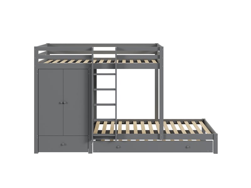  Lit superposé enfant 90 x 200 cm bois massif couchage coulissant armoire intégrée tiroirs intégrés compartiment de rangement gris  - Conforama D