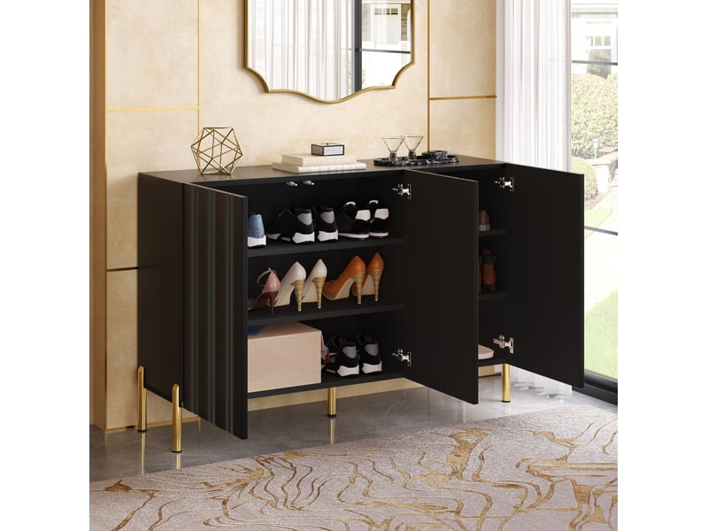  Buffet meuble à chaussures 120x35,5x80 cm, 3 portes rainures verticales, mdf et panneau de particules, noir, rangement  - Conforama D