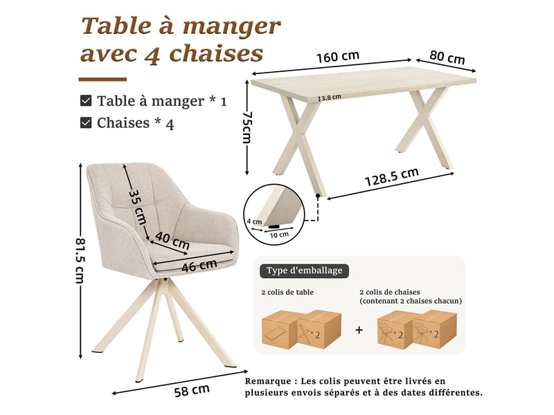  Ensemble table et 4 chaises - table rectangulaire 160x80 cm monobloc en travertin et pieds métal, 4 chaises en tissu beige et pieds en métal blanc  - Conforama C