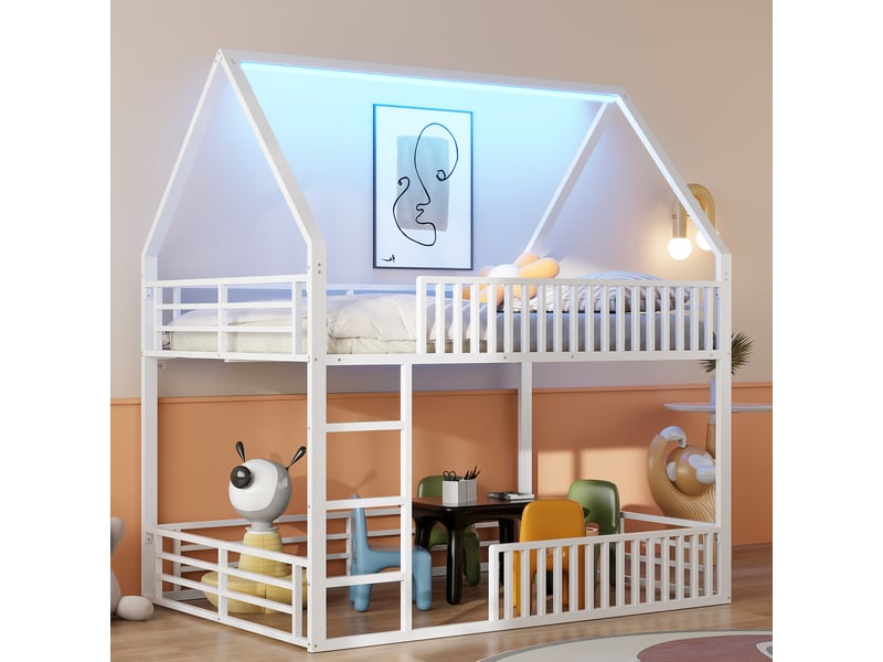  Lit superposé cabane 140x200 cm en métal blanc avec éclairage led  - Conforama B