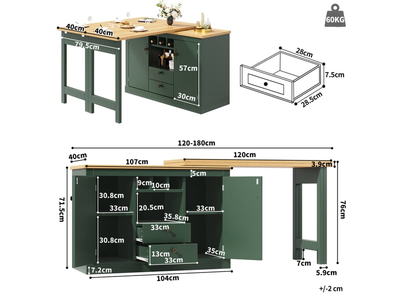  Table de bar extensible 120x40x76 cm pivotante à 360° avec rangement mdf vert antique  - Conforama E