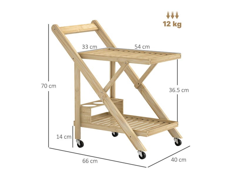  Desserte de cuisine 66 x 40 x 70 cm range-bouteilles plan de travail 2 niveaux structure roulante bambou aspect naturel  - Conforama C