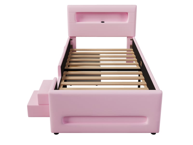  Lit plateforme rembourré 90 x 200 cm rose en pu et mdf, avec led, escalier, tiroir, usb et poches  - Conforama D