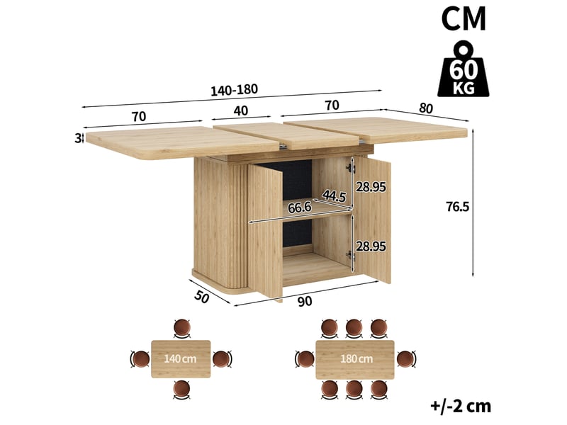  Table à manger extensible avec rangement 140-180x80x76,5 cm effet bois clair  - Conforama C