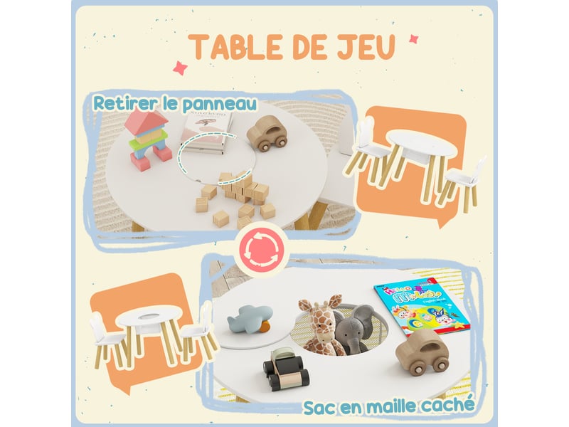  Ensemble 1 table ronde, 2 chaises pour enfant 3 pièces, dossier en forme d'ours, activités, bricolage, 3-6 ans, repas  - Conforama E