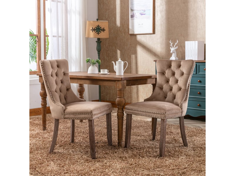  Lot de 2 chaises de salle à manger en velours kaki, dossier haut capitonné, clous décoratifs, pieds en bois massif, style français élégant  - Conforama B