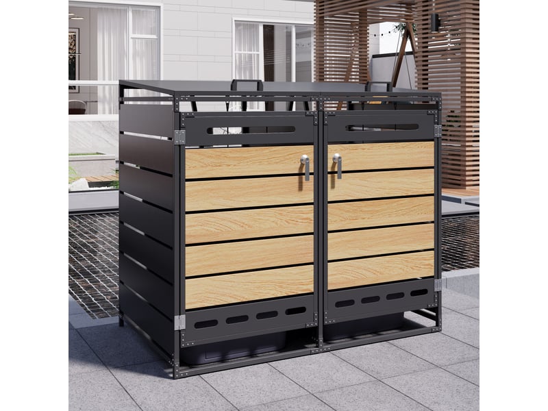  Coffre à poubelles double en fer antirouille, couvercle hydraulique, revêtement imitation bois, ventilation et serrures.  - Conforama E
