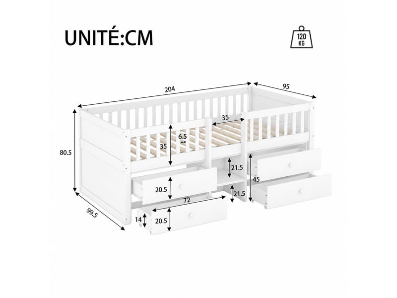  Lit mezzanine mi-haut 90x200 cm en bois, lit simple avec 4 tiroirs, barrière et échelle, sans matelas, blanc et gris  - Conforama D