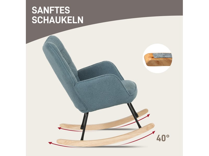  Fauteuil à bascule rembourré avec dossier haut et accoudoirs, en polyester bleu clair, 98 × 71 × 101 cm  - Conforama E
