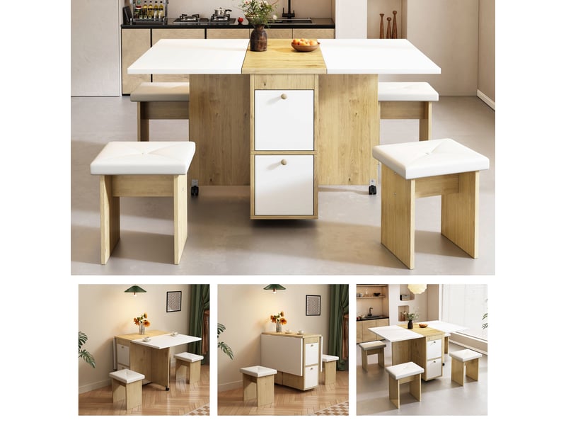  Ensemble table à manger avec 4 chaises, table rabattable et extensible 120 x 80 x 75 cm, blanc et effet chêne  - Conforama C