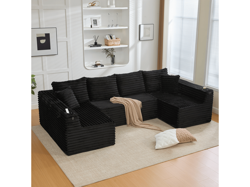  Canapé modulable en u en velours côtelé noir, assise mousse et ressorts, 4 coussins, porte-gobelets et poches latérales  - Conforama R
