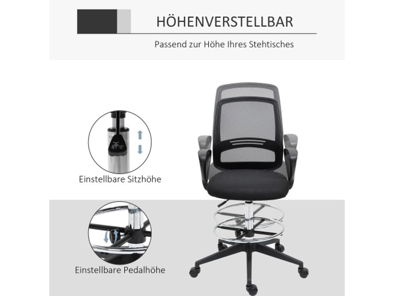  Chaise assis-debout ergonomique pivotante, repose-pieds, métal noir, réglable 102,5-126 cm  - Conforama E