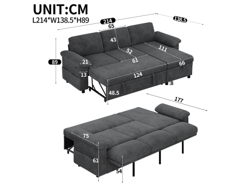 Canapé d'angle réversible convertible 3 places tissu gris coffre de rangement - Conforama C