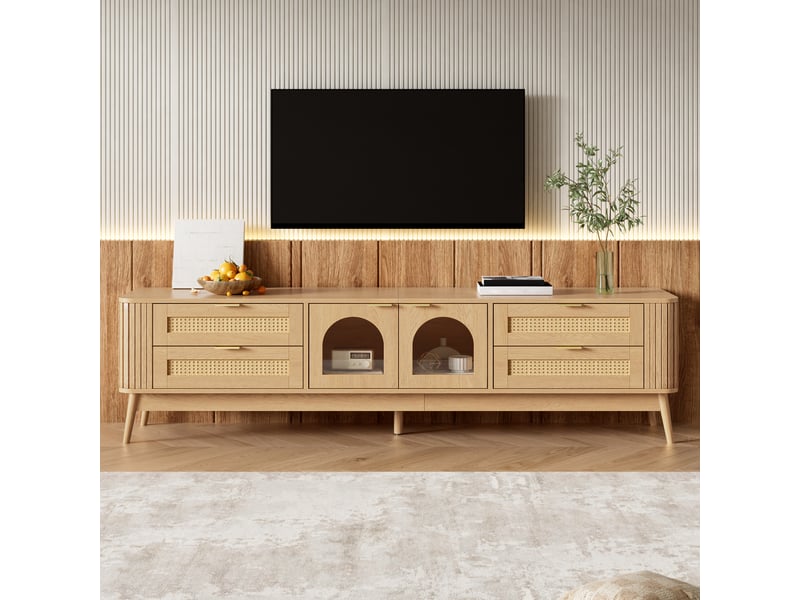  Meuble tv bas 180 cm, finition bois naturel, avec éclairage led  - Conforama D