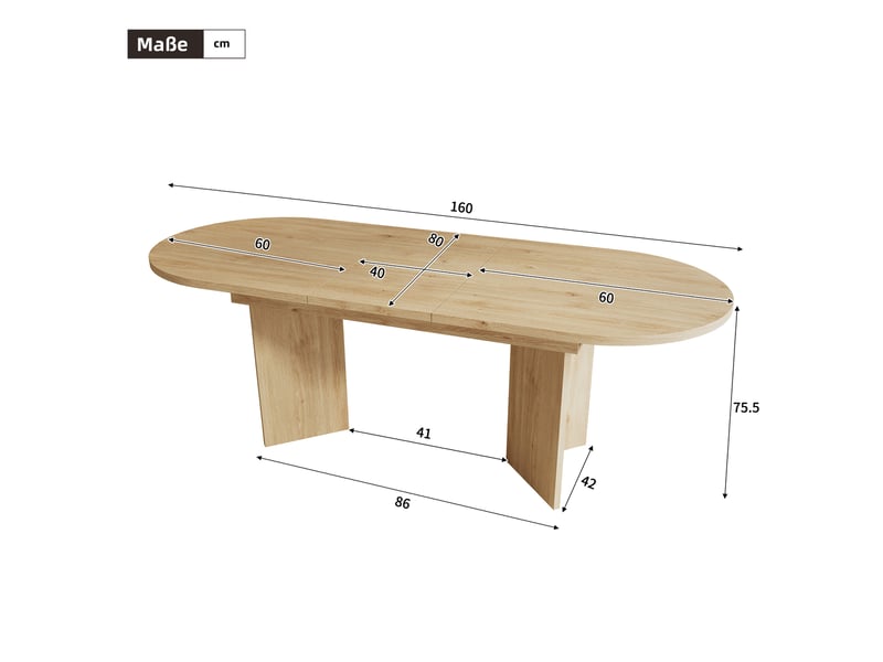 Table à manger extensible 120–160 x 80 x 75,5 cm, avec bords arrondis, plateau épais, pour 4 à 6 personnes, chêne - Conforama C