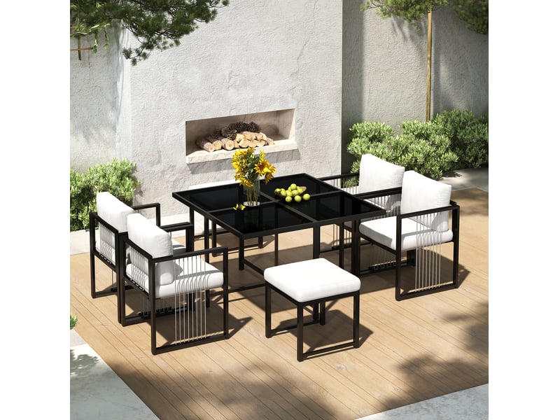  Salon de jardin 7 pièces avec table en verre trempé 117 x 117 cm, 4 fauteuils et 2 repose-pieds  - Conforama B
